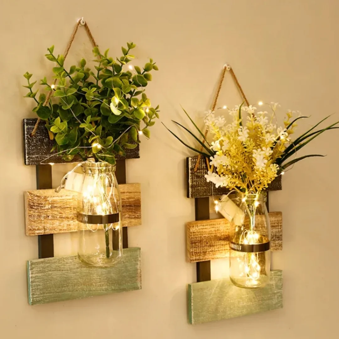 Led Glass Jar With Flower Arrangement In Beautiful Look Wooden Hanging - Image 2