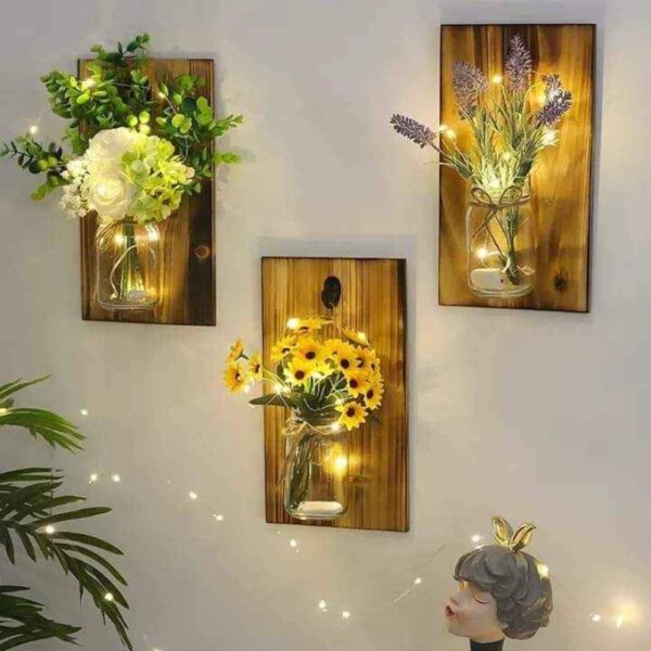 Flower Garland Jar Home Decoration Flower Led Jar With Wooden Hanging